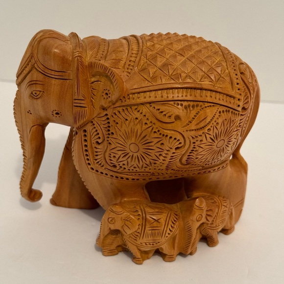 unbranded Other - Engraved Brown Teak Wood Elephant Statue Hand Carved 4” Trunk Down With Tusk